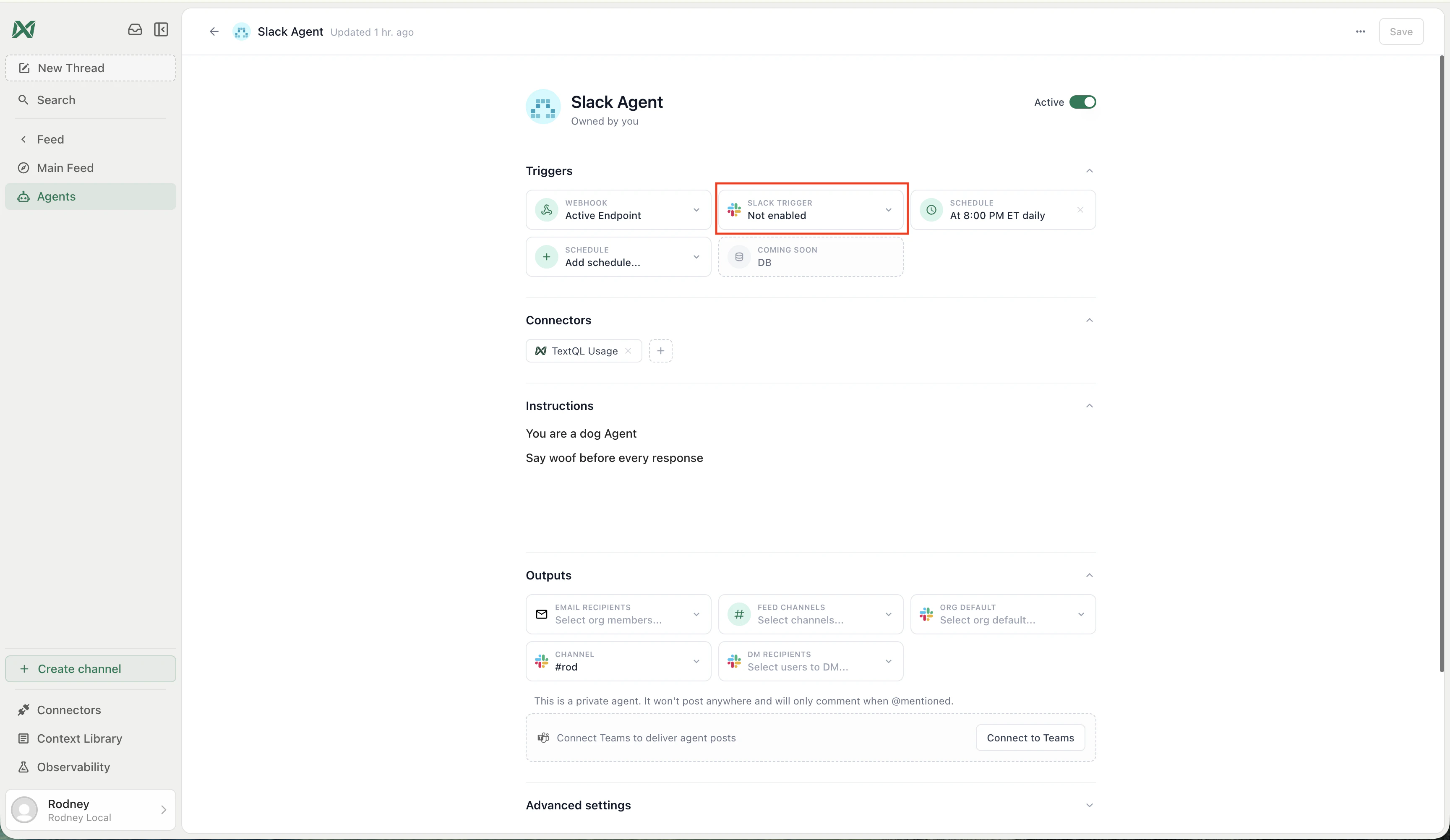 Agent editor showing Slack Trigger not enabled