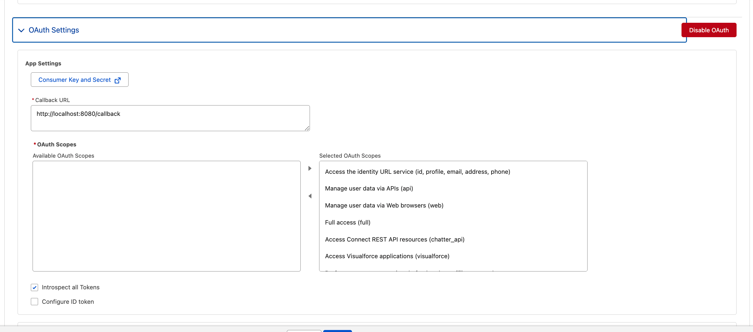 Enable OAuth settings