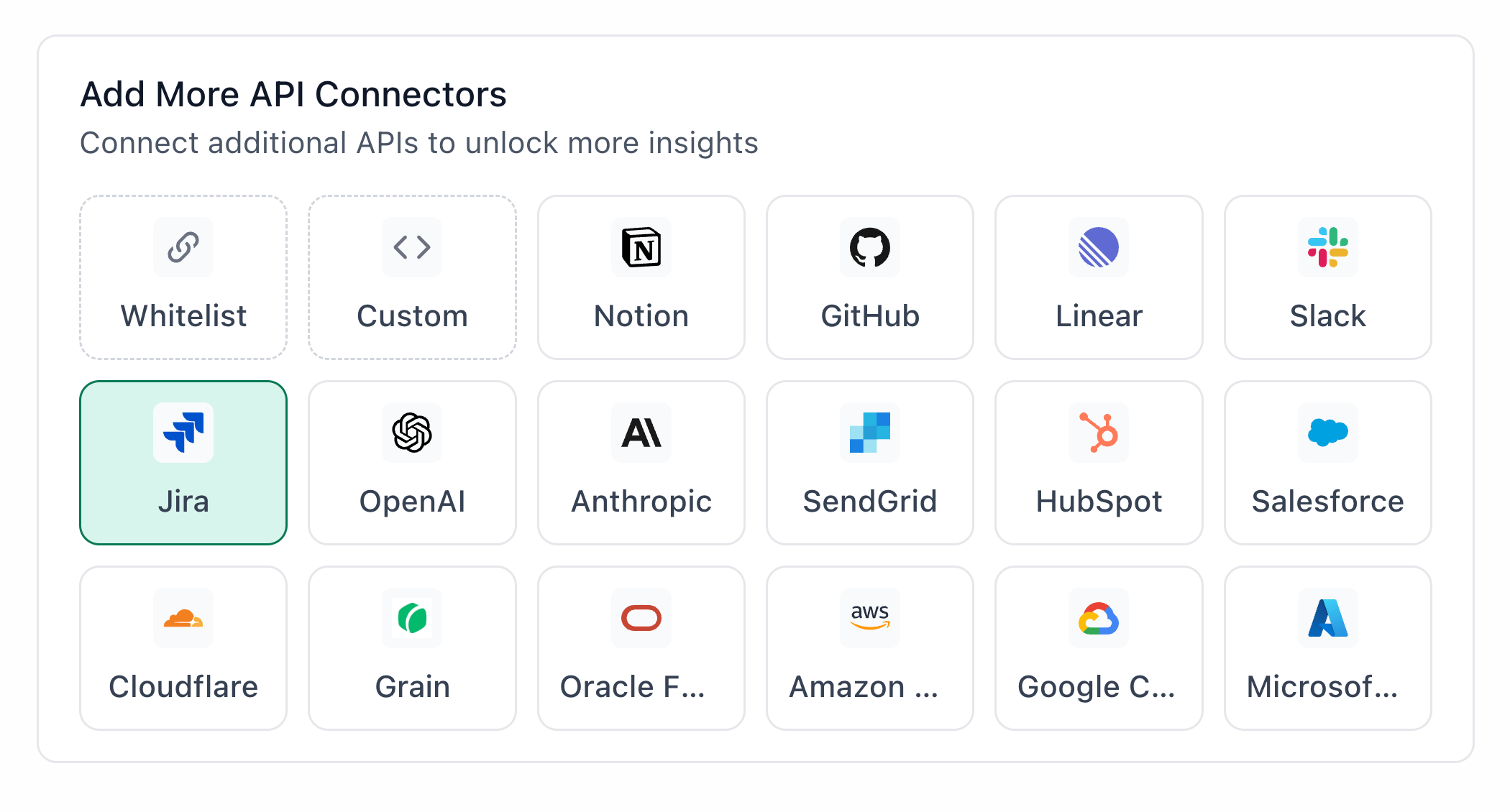 TextQL Add More API Connectors panel with Jira highlighted
