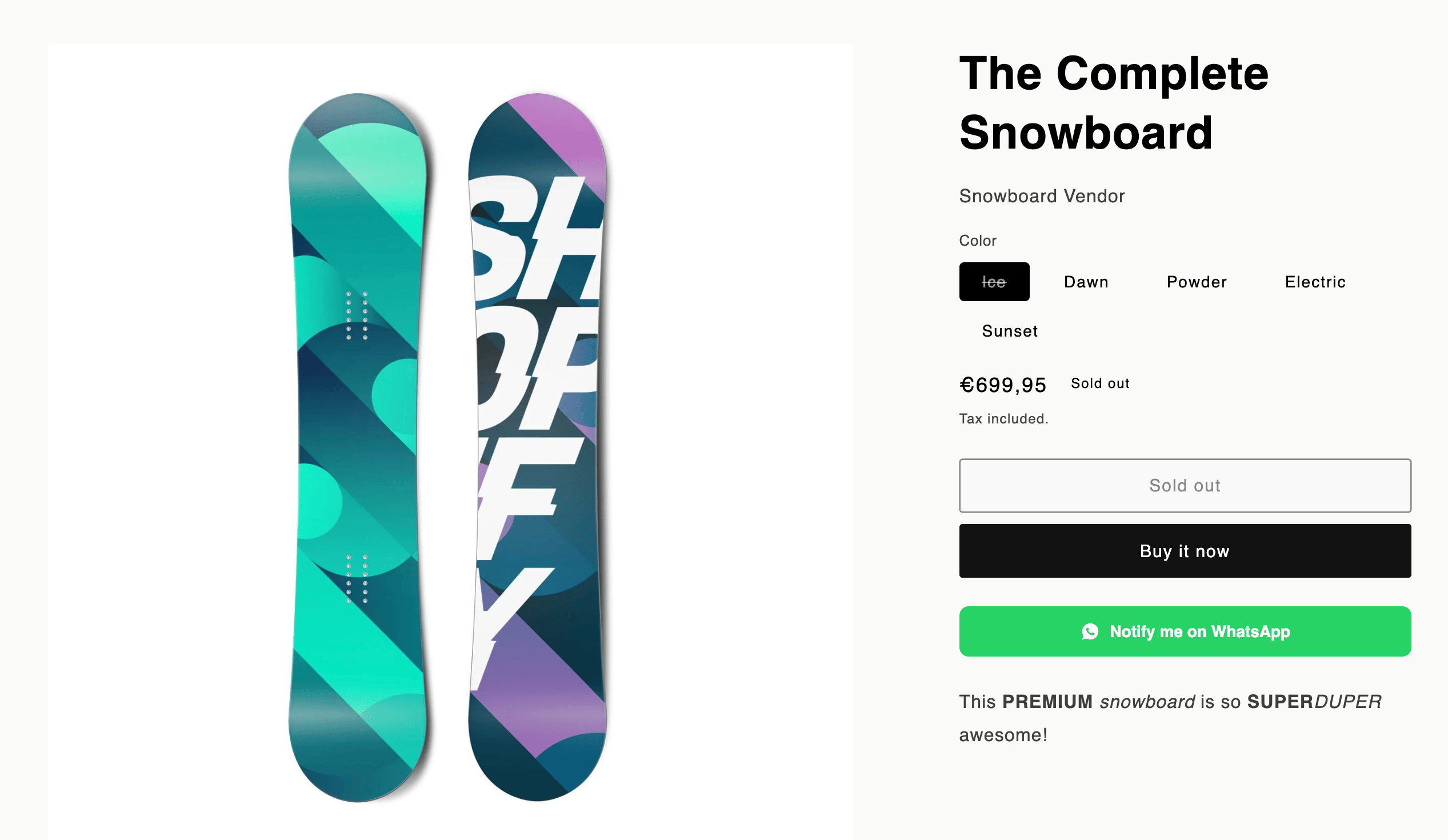 A sold-out product page with the Notify me on WhatsApp button under the Add to cart area