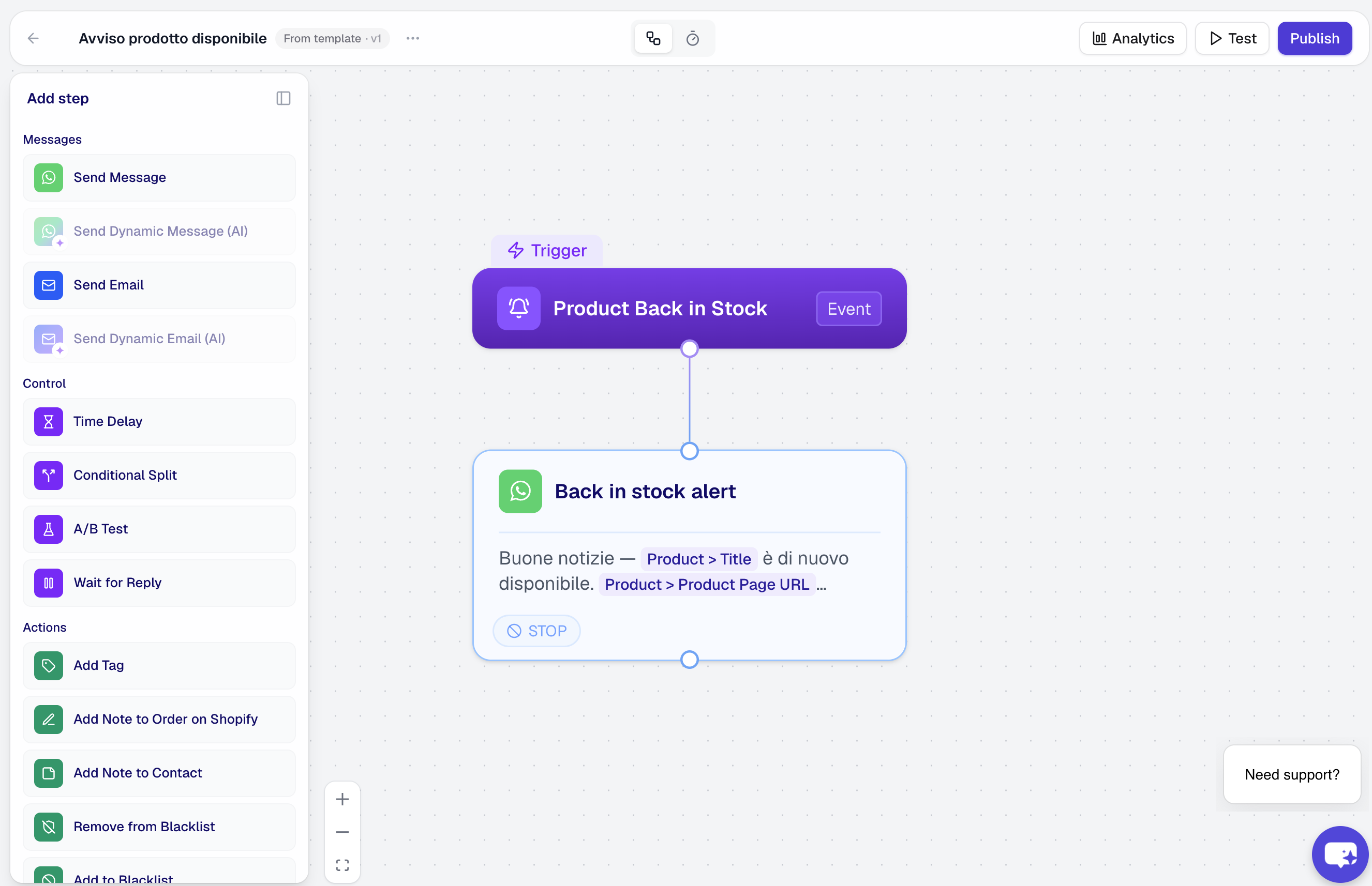 The Product Back in Stock trigger followed by the WhatsApp alert step on the flow canvas
