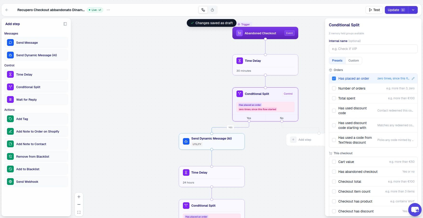 The Flows editor canvas with a multi-step flow on it