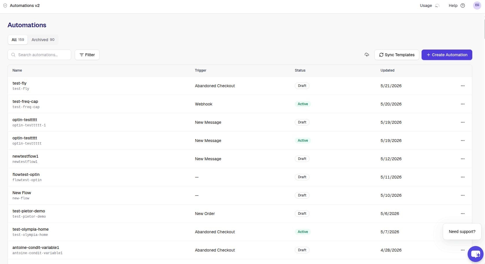 The Flows list page showing existing flows with their status badges