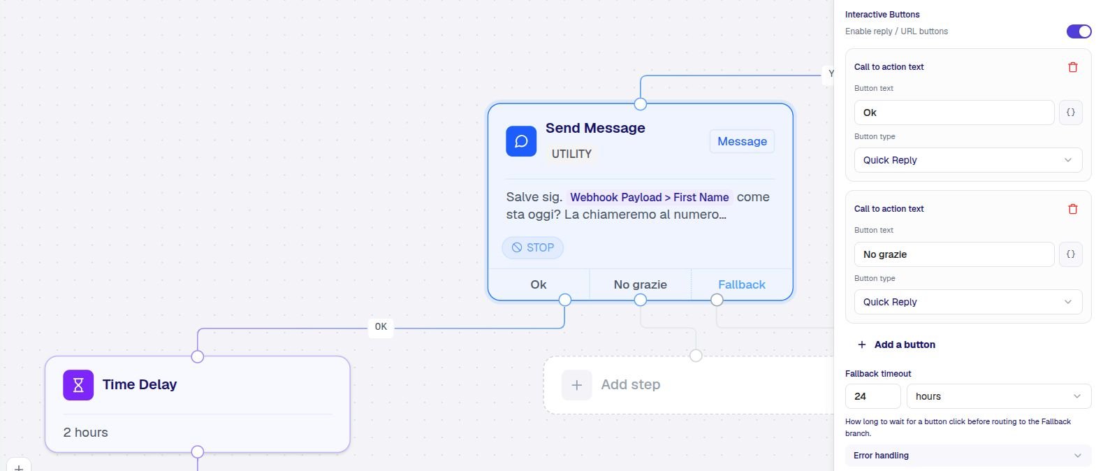 Configuring quick-reply buttons on a Send Message step
