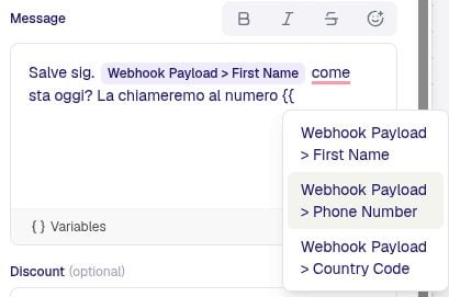 The WhatsApp template editor showing header, body, footer, and buttons
