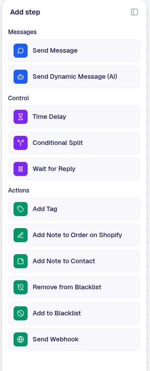 The step palette showing every available step type you can drag onto the canvas