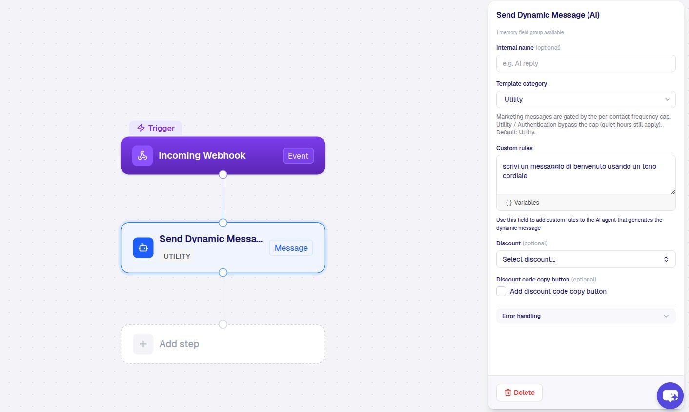 The Send Dynamic Message (AI) step configuration with prompt and custom rules