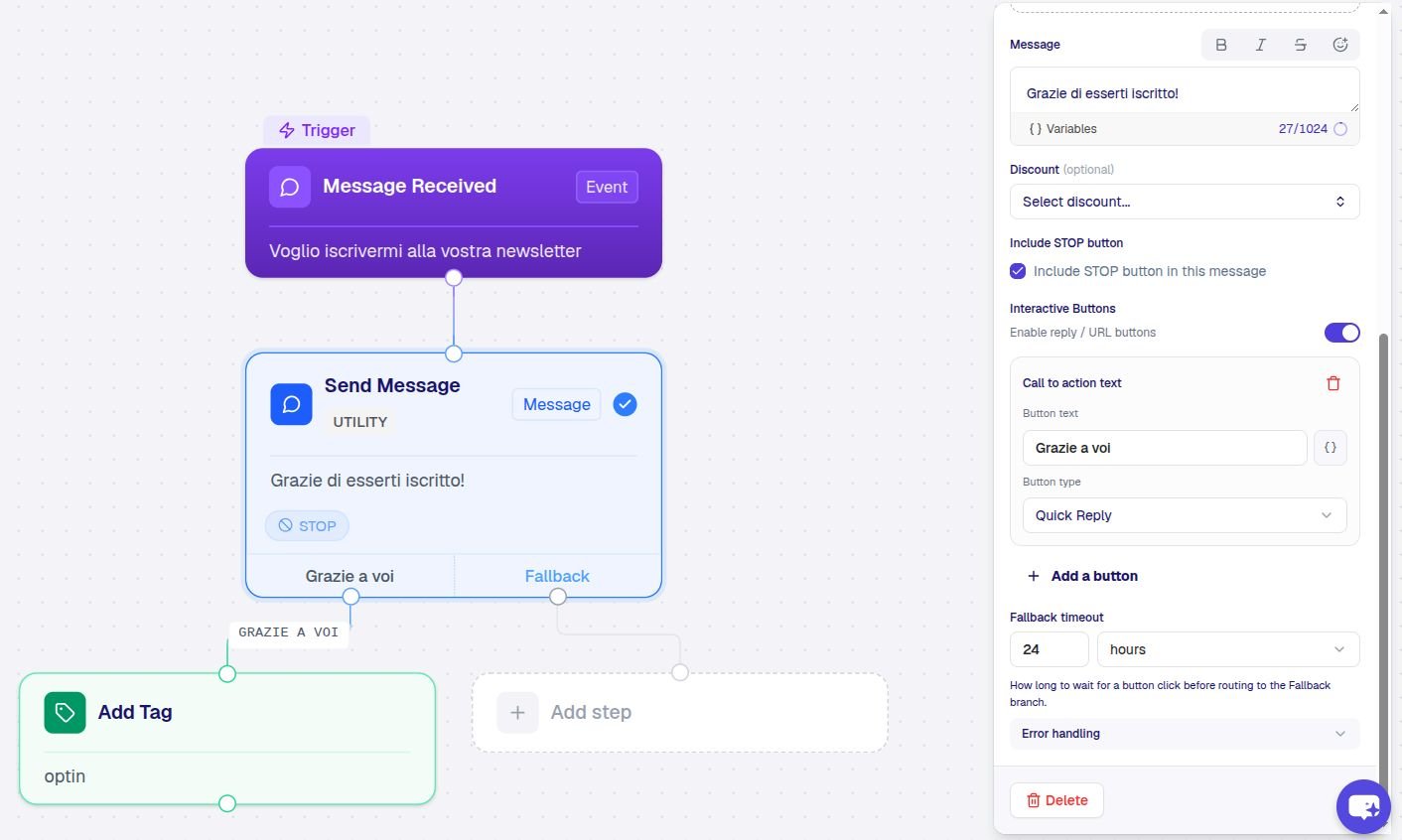 A Send Message step with quick-reply buttons configured, with one branch per button visible on the canvas