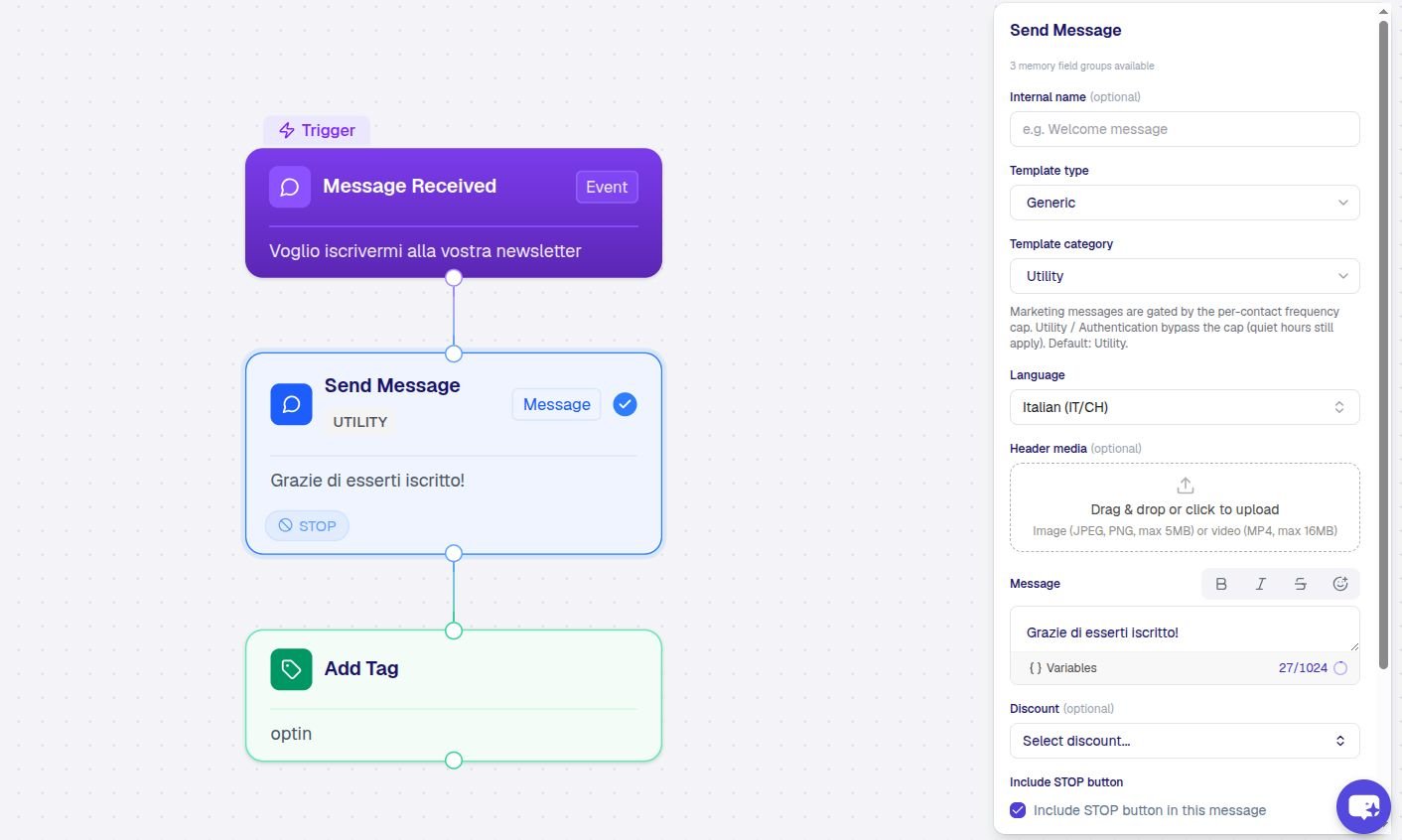 The Send Message step configuration panel