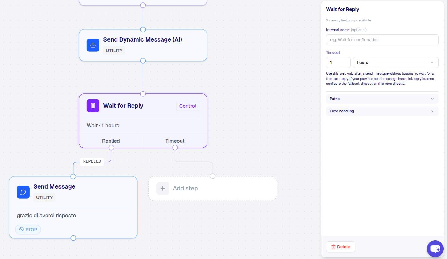 The Wait for Reply step configuration showing the timeout and the two branches