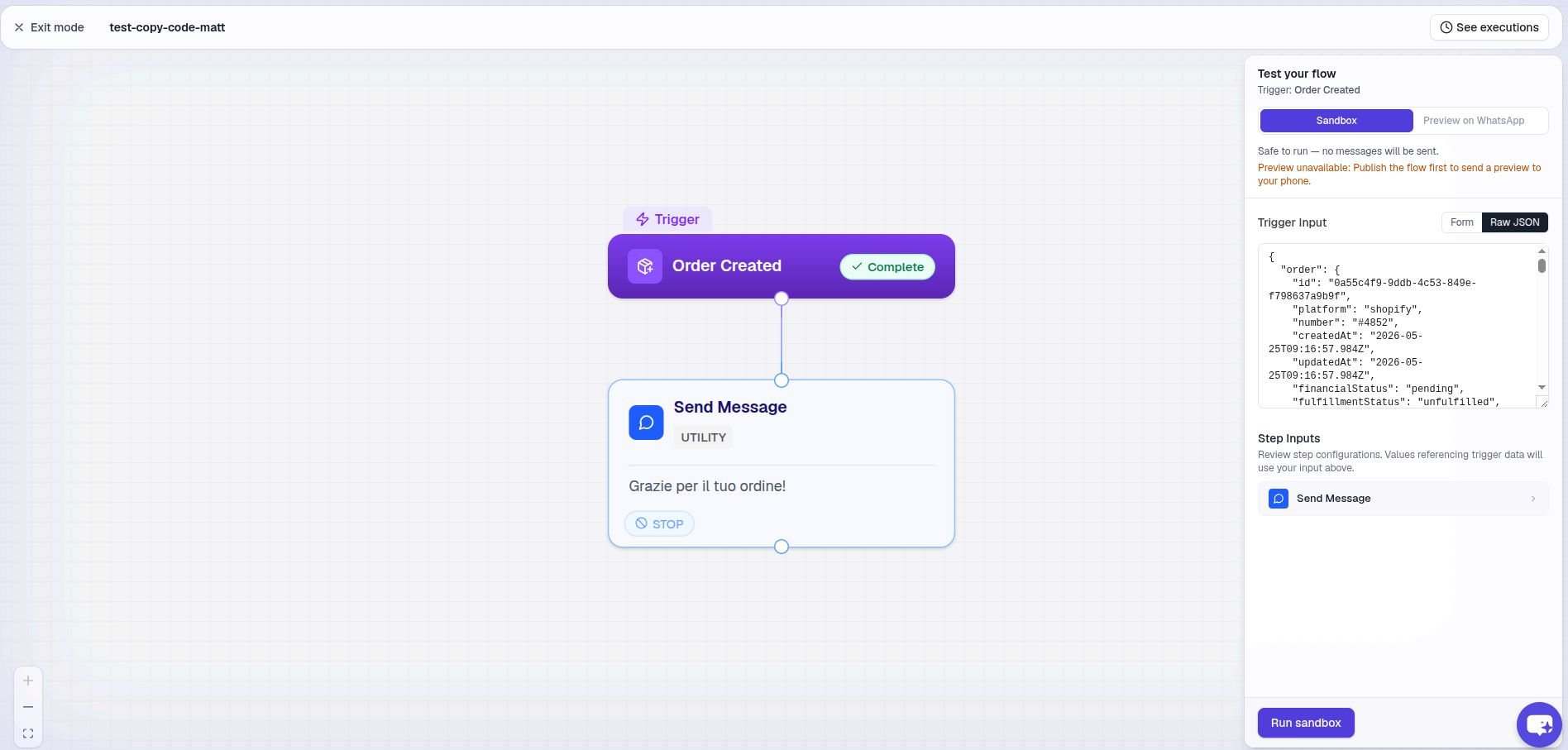 The Test mode panel mid-run, showing the step-by-step execution log
