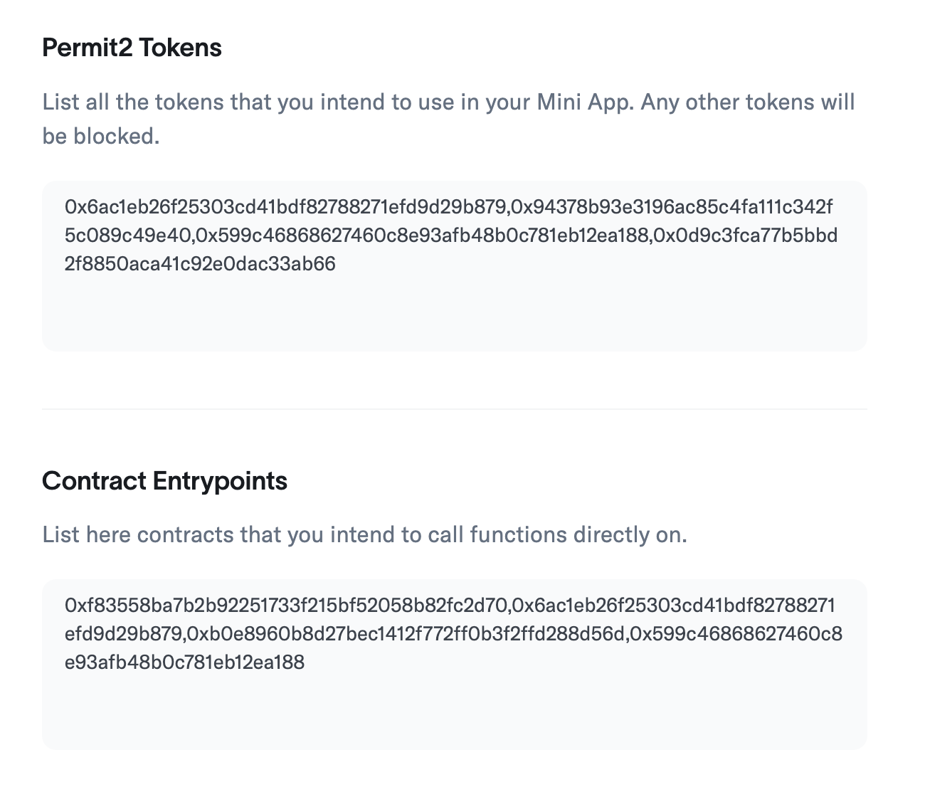 Developer Portal showing Permit2 token and contract entrypoint whitelisting