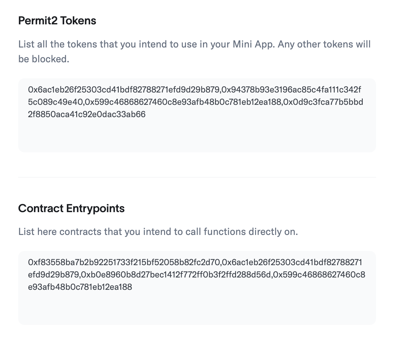Developer Portal showing Permit2 token and contract entrypoint whitelisting