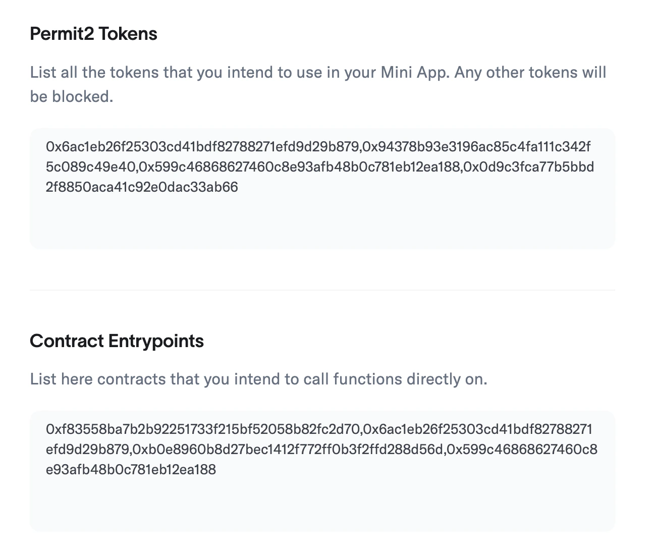 Developer Portal showing Permit2 token and contract entrypoint whitelisting