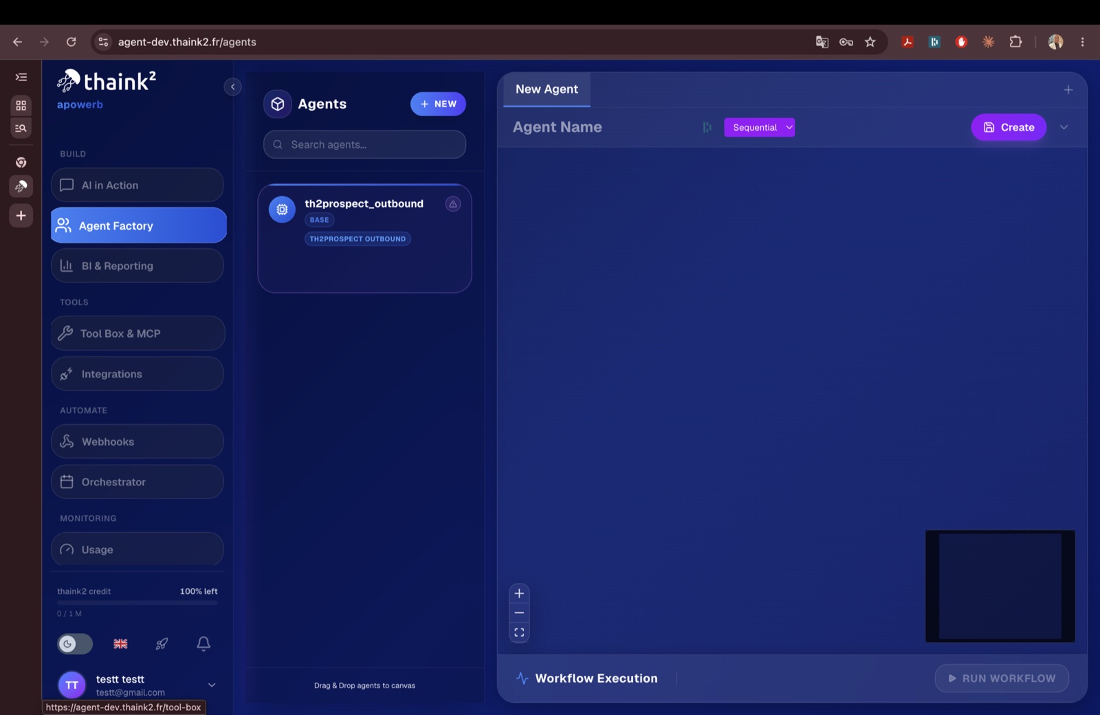 Agent factory with the agent list, the workflow canvas and the agent creation form