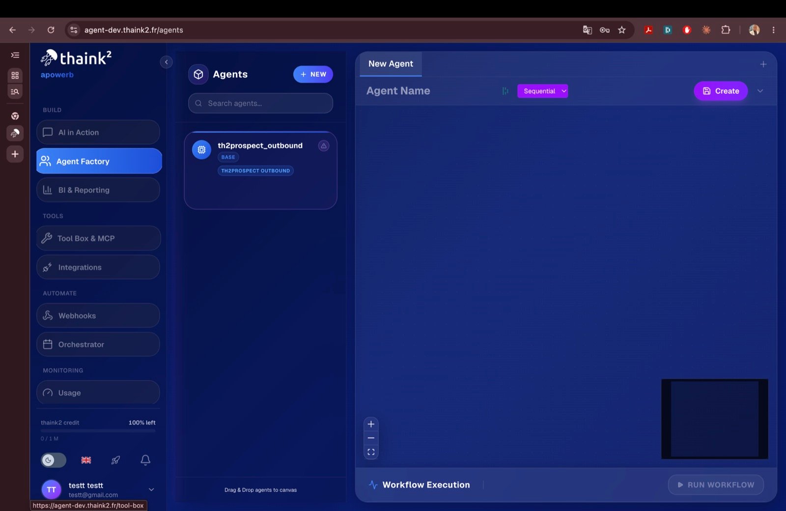 Agent factory with the agent list, the workflow canvas and the agent creation form