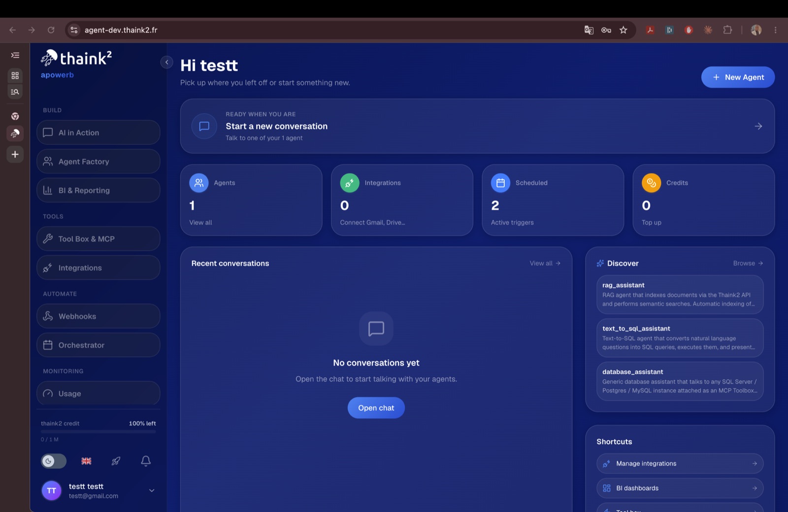 apowerb dashboard showing agent, integration and schedule counters