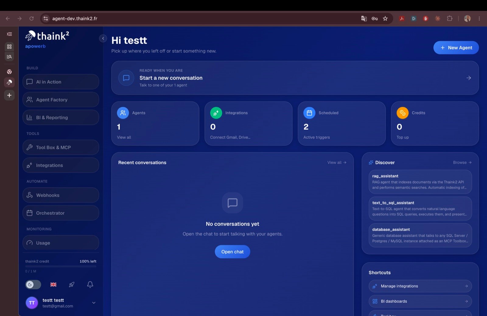 apowerb dashboard showing agent, integration and schedule counters