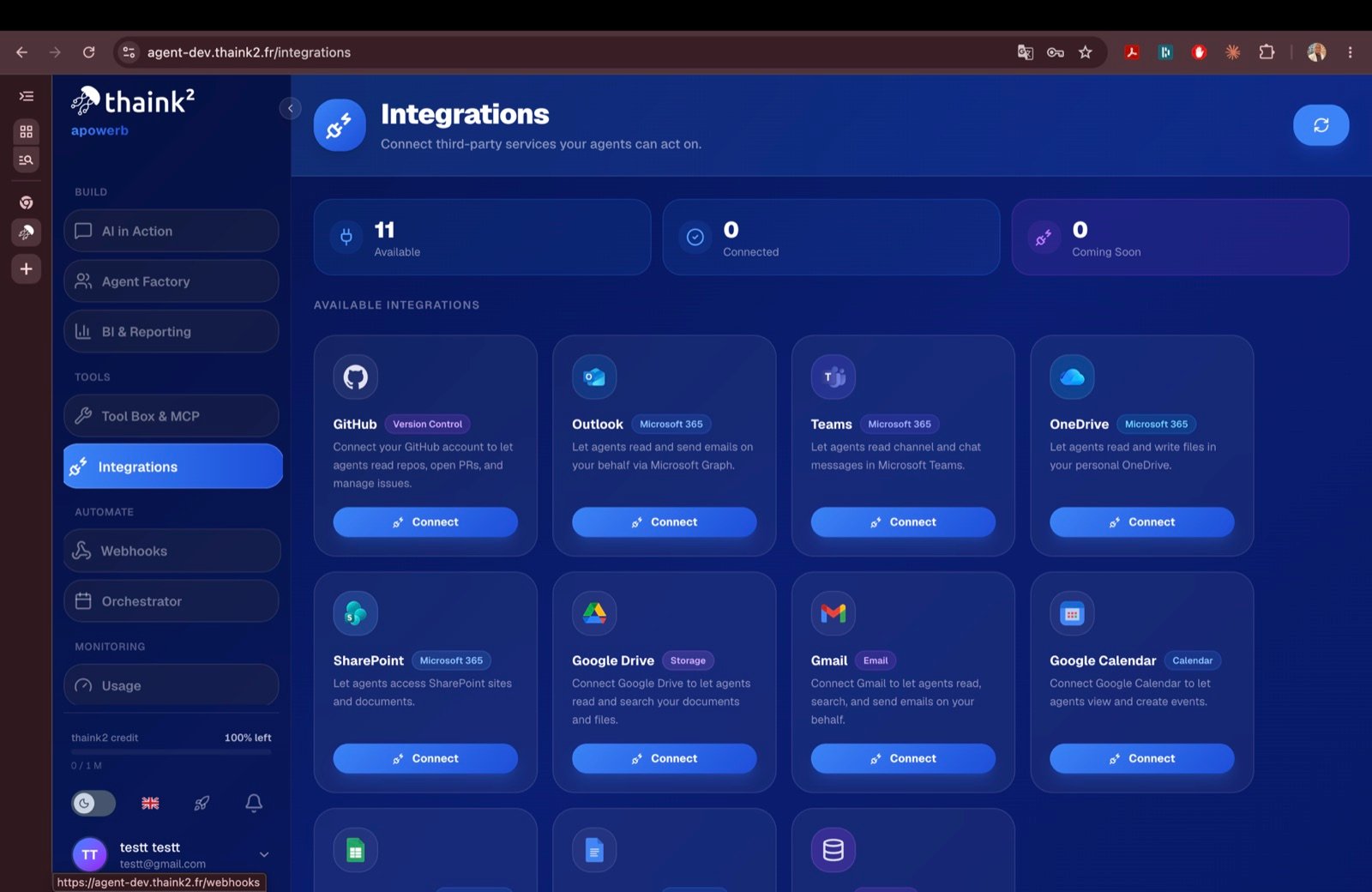 Integrations screen showing GitHub, Outlook, Teams, OneDrive, SharePoint, Google Drive, Gmail and Google Calendar