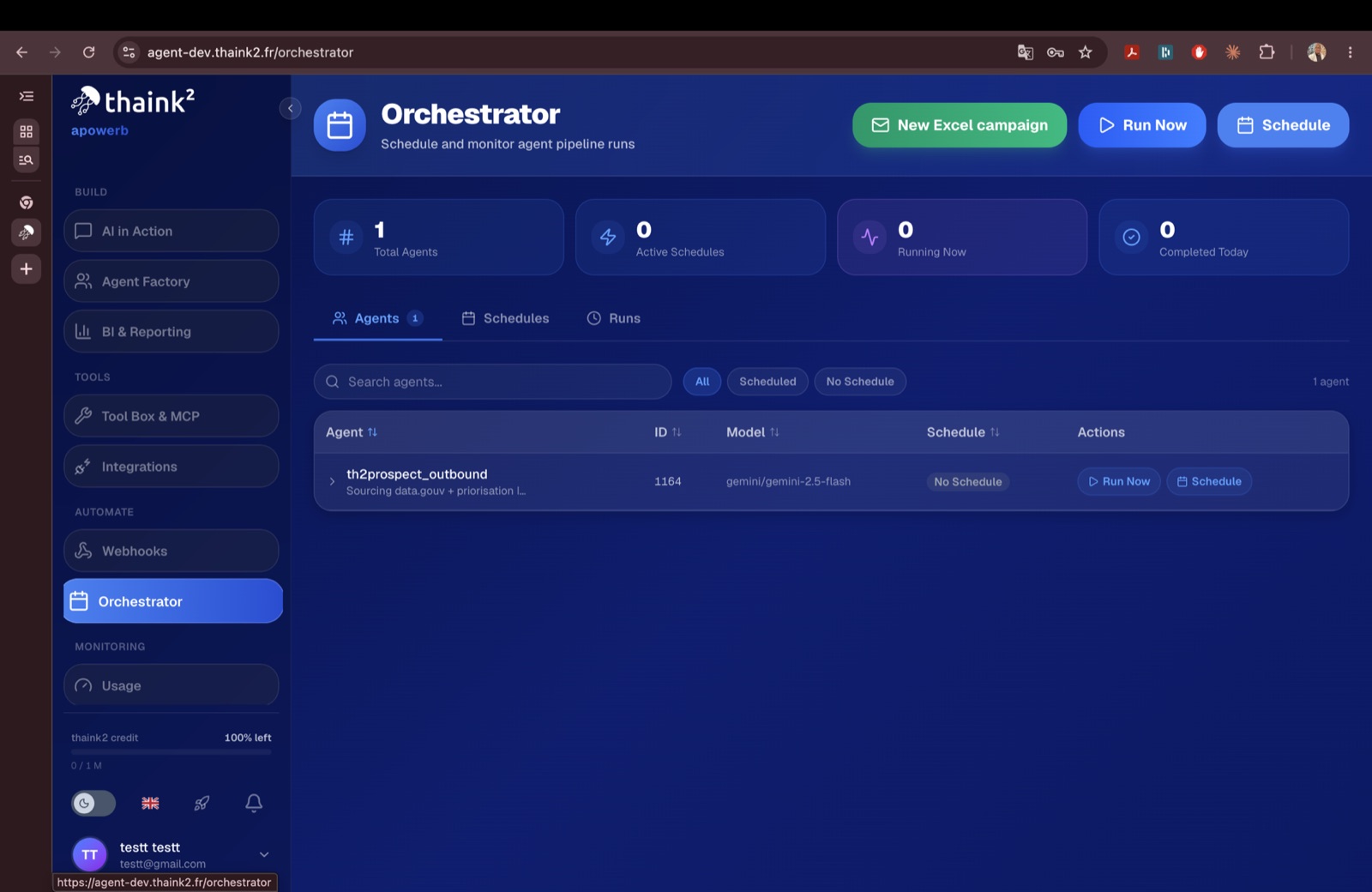 Orchestrator screen listing agents with their model, schedule and run actions