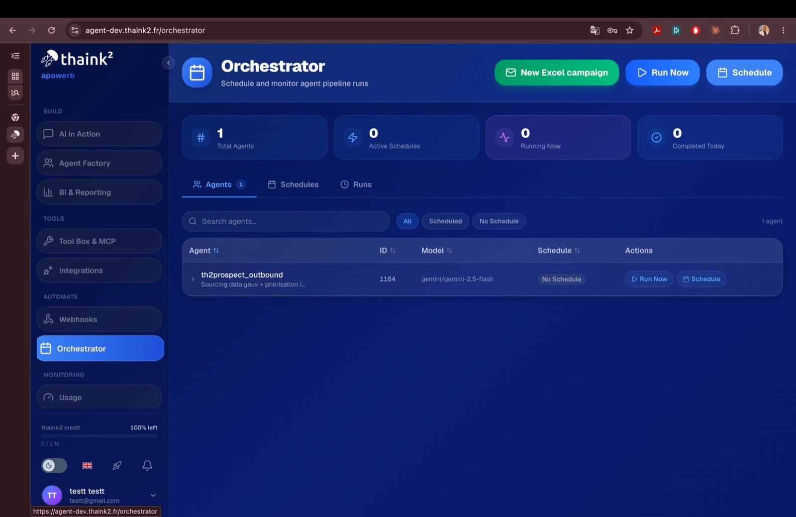 Orchestrator screen listing agents with their model, schedule and run actions