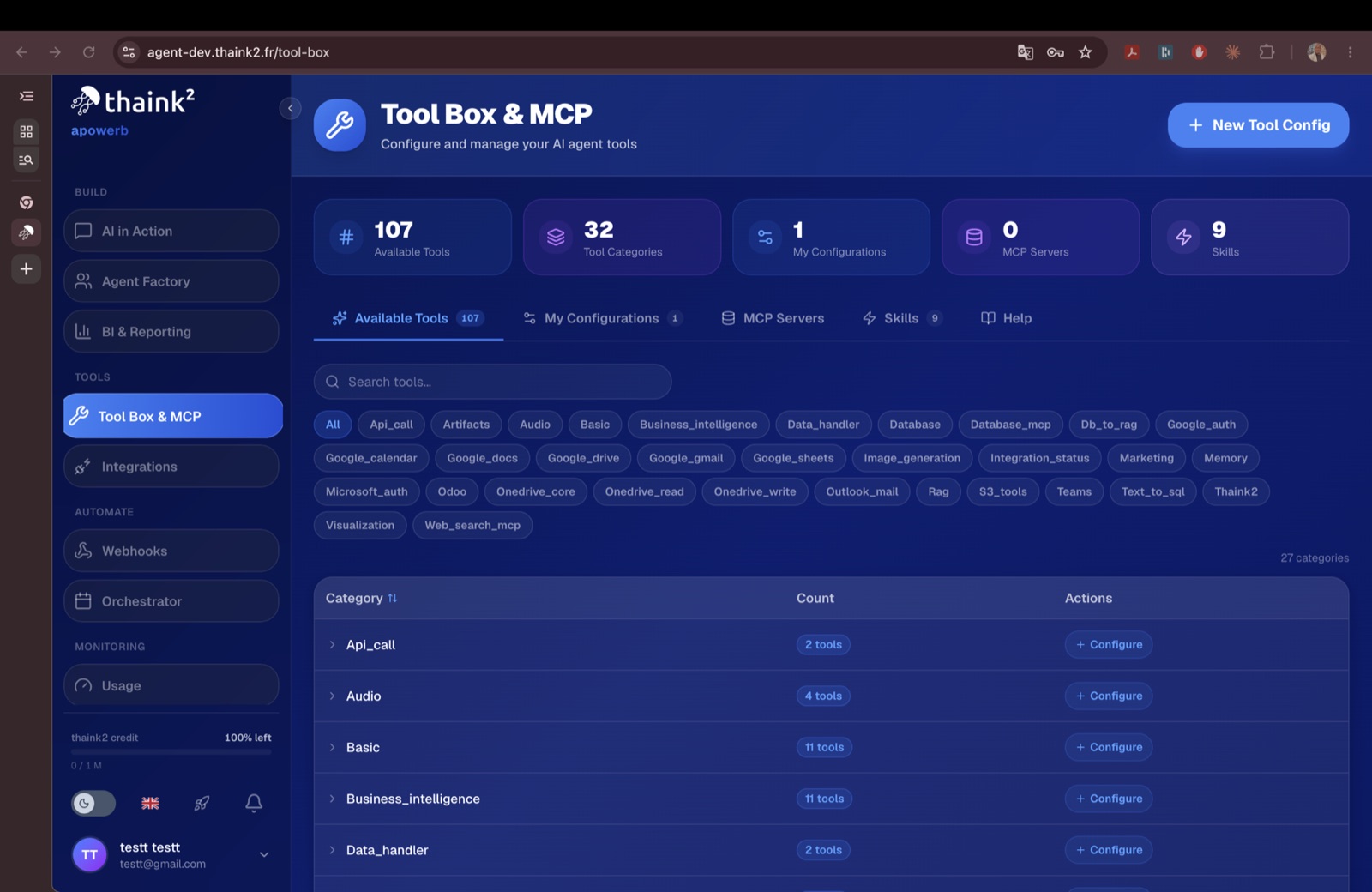 Tool box listing available tools, tool categories, MCP servers and skills