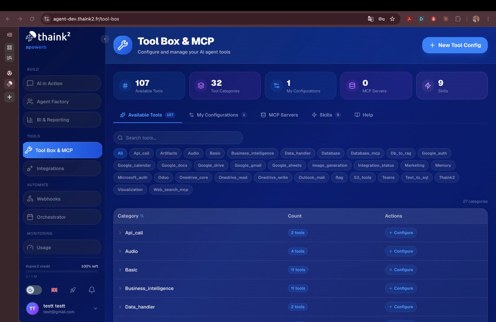 Tool box listing available tools, tool categories, MCP servers and skills