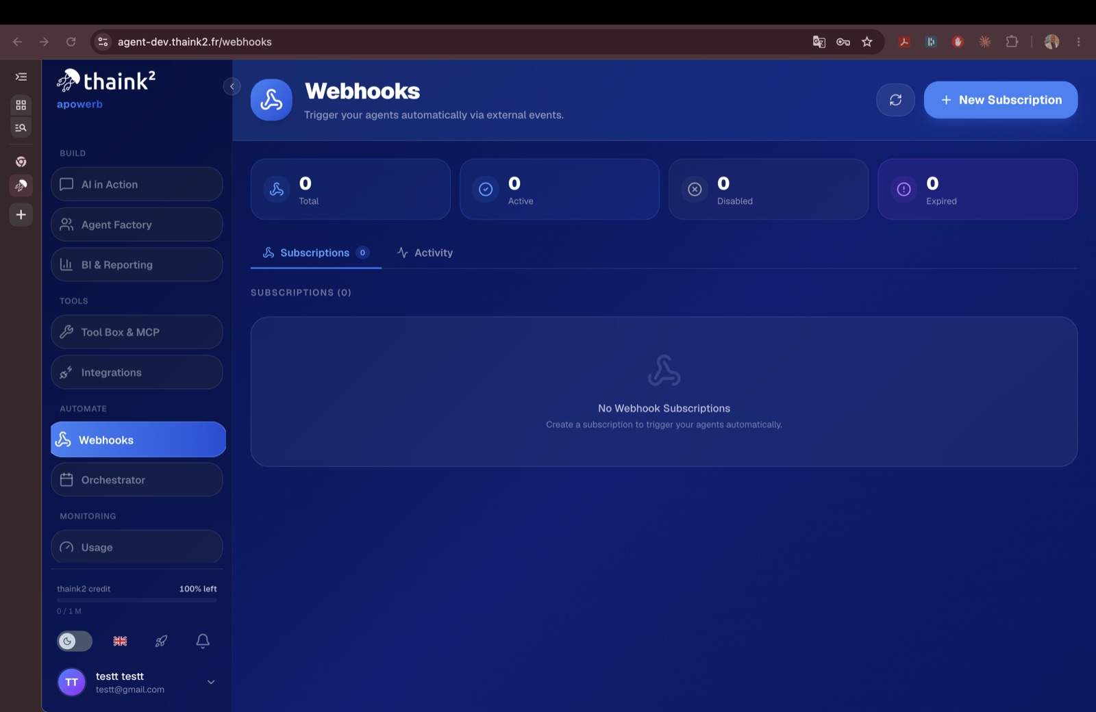 Webhooks screen showing subscription counters and the subscriptions and activity tabs