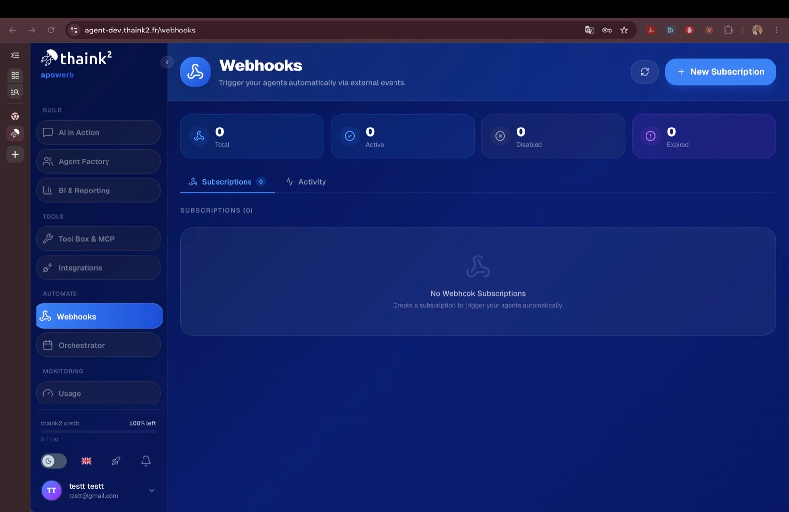 Webhooks screen showing subscription counters and the subscriptions and activity tabs