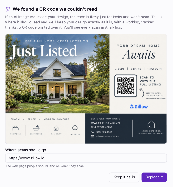 The creative editor's QR code dialog over an uploaded postcard front, with a field for where scans should go