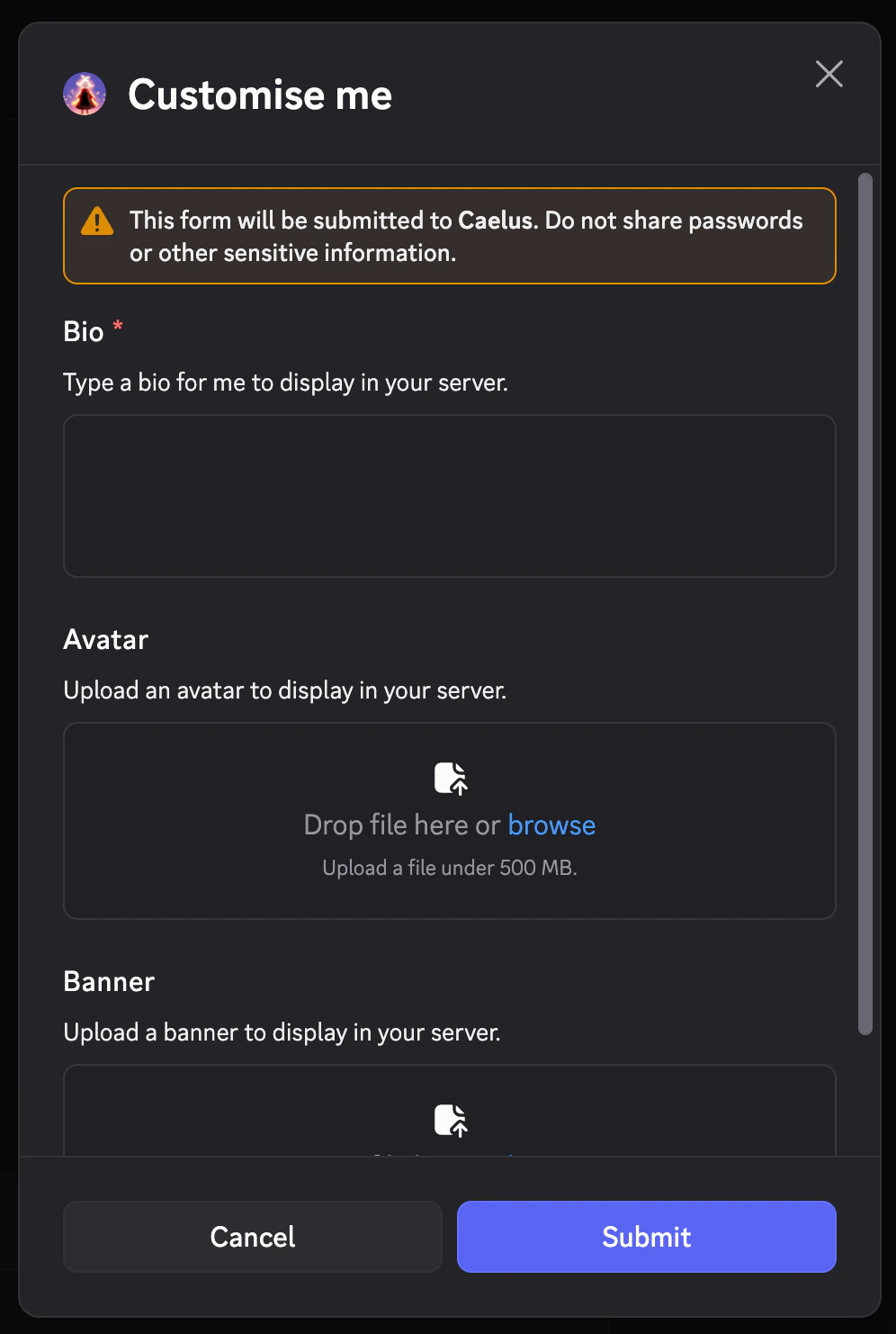 Me modal Me customisation modal