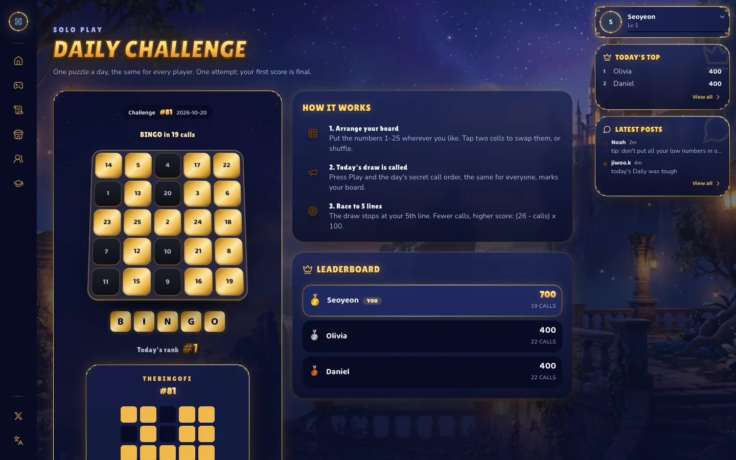 The Daily Challenge page with a finished board and the leaderboard