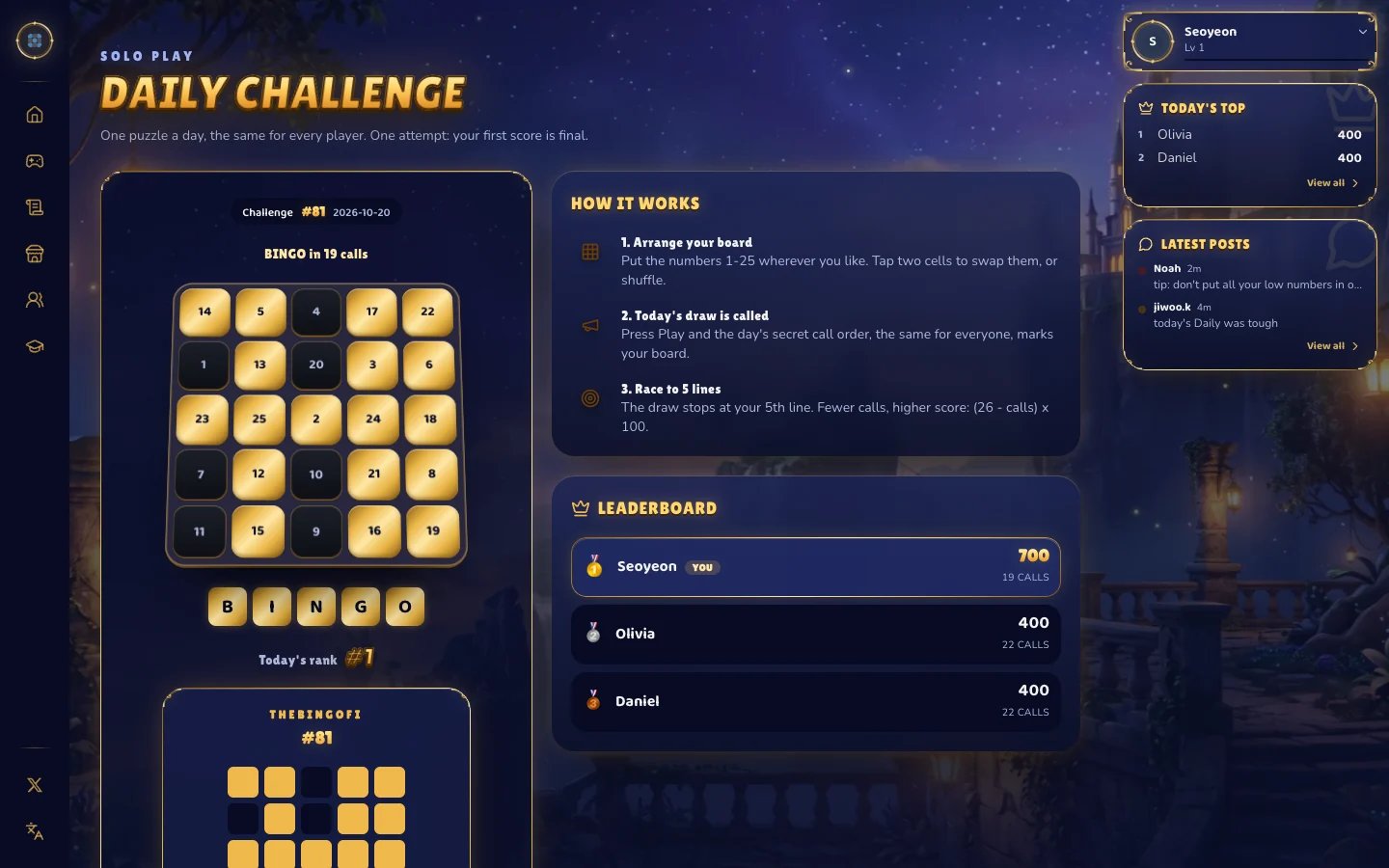 The Daily Challenge page with a finished board and the leaderboard