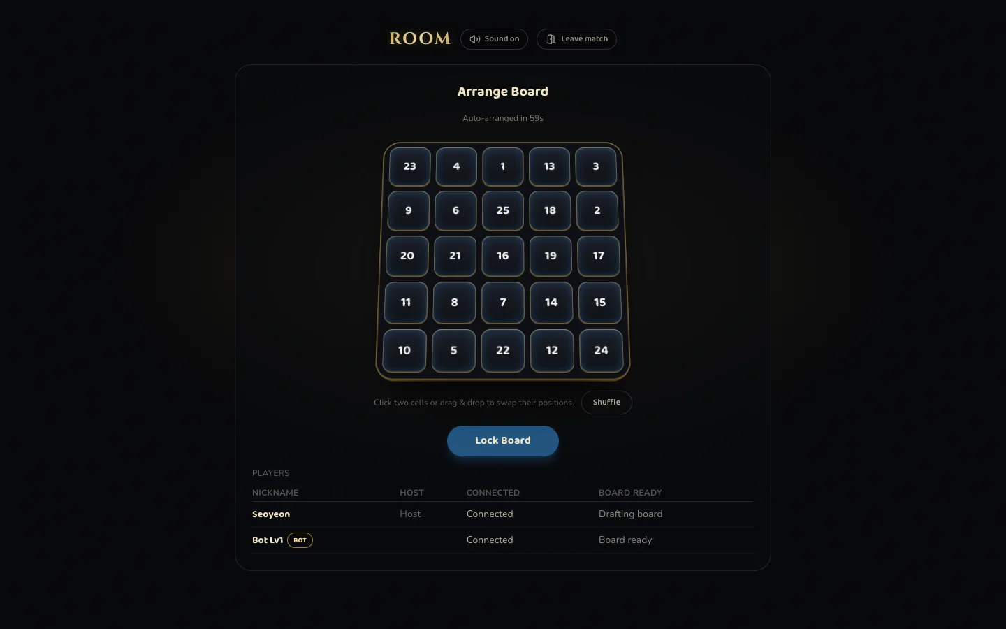 The Arrange Board screen with Shuffle and Lock Board