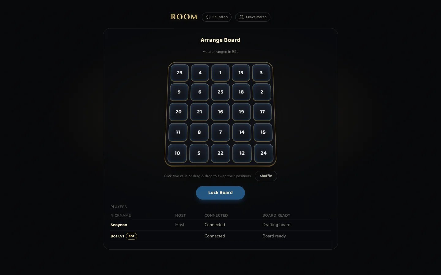 The Arrange Board screen with Shuffle and Lock Board