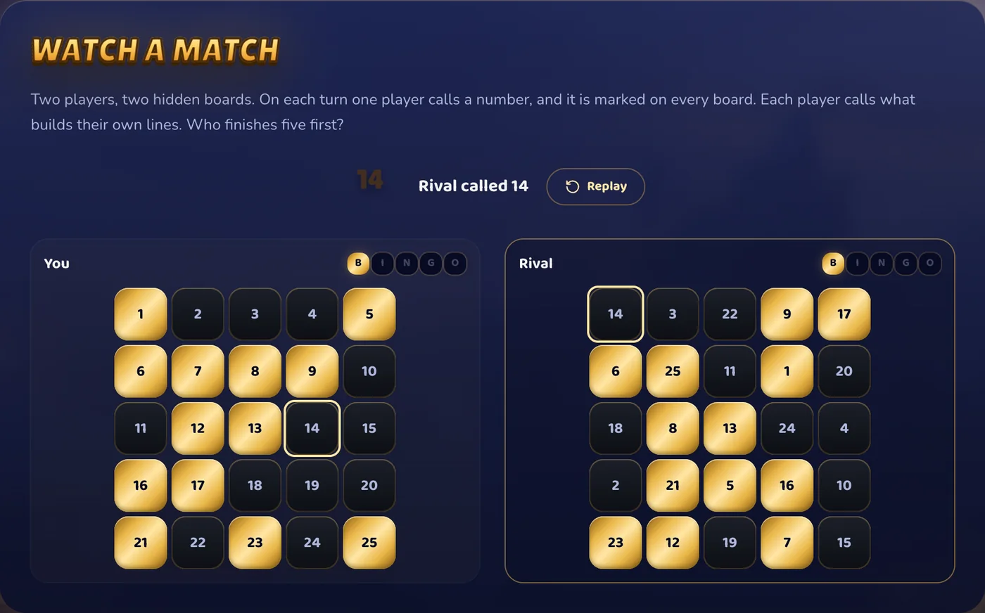 A demo match with two boards, You and Rival