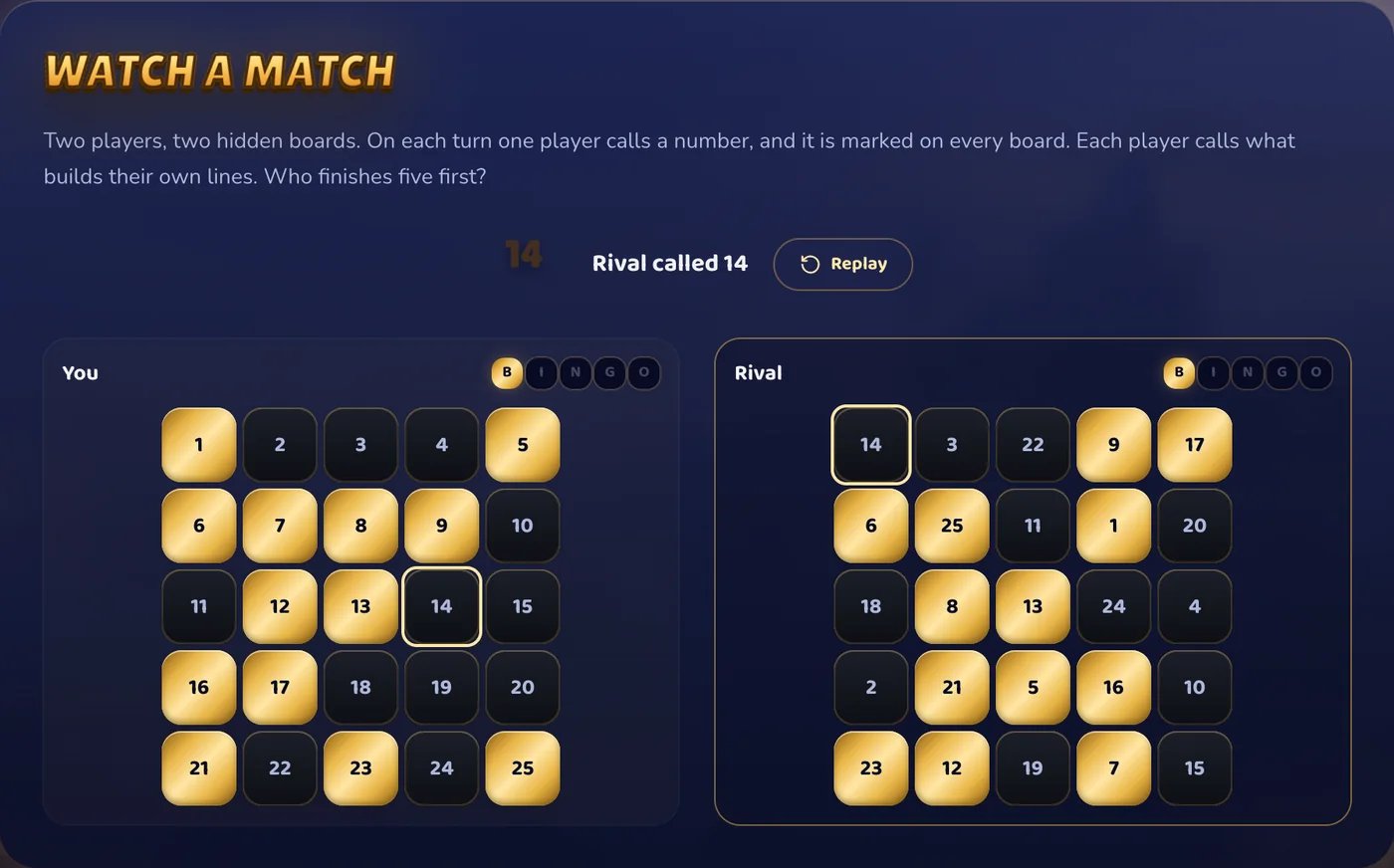 A demo match with two boards, You and Rival