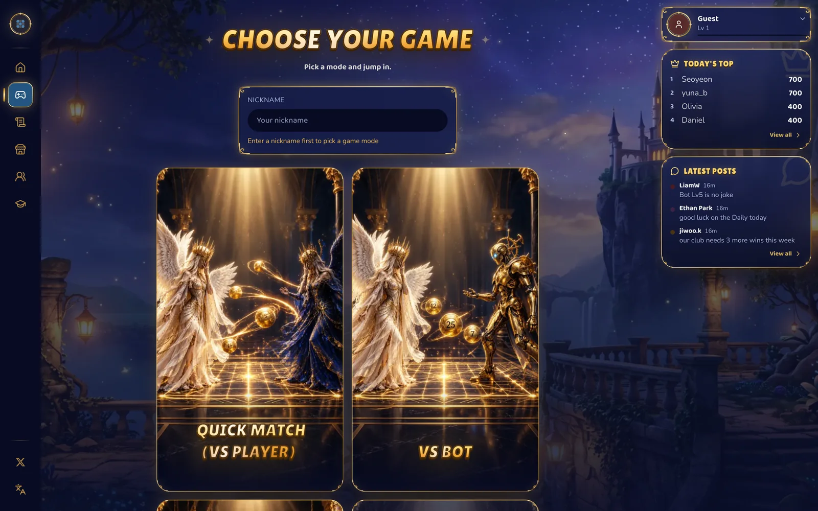 The Choose your game screen with the mode cards