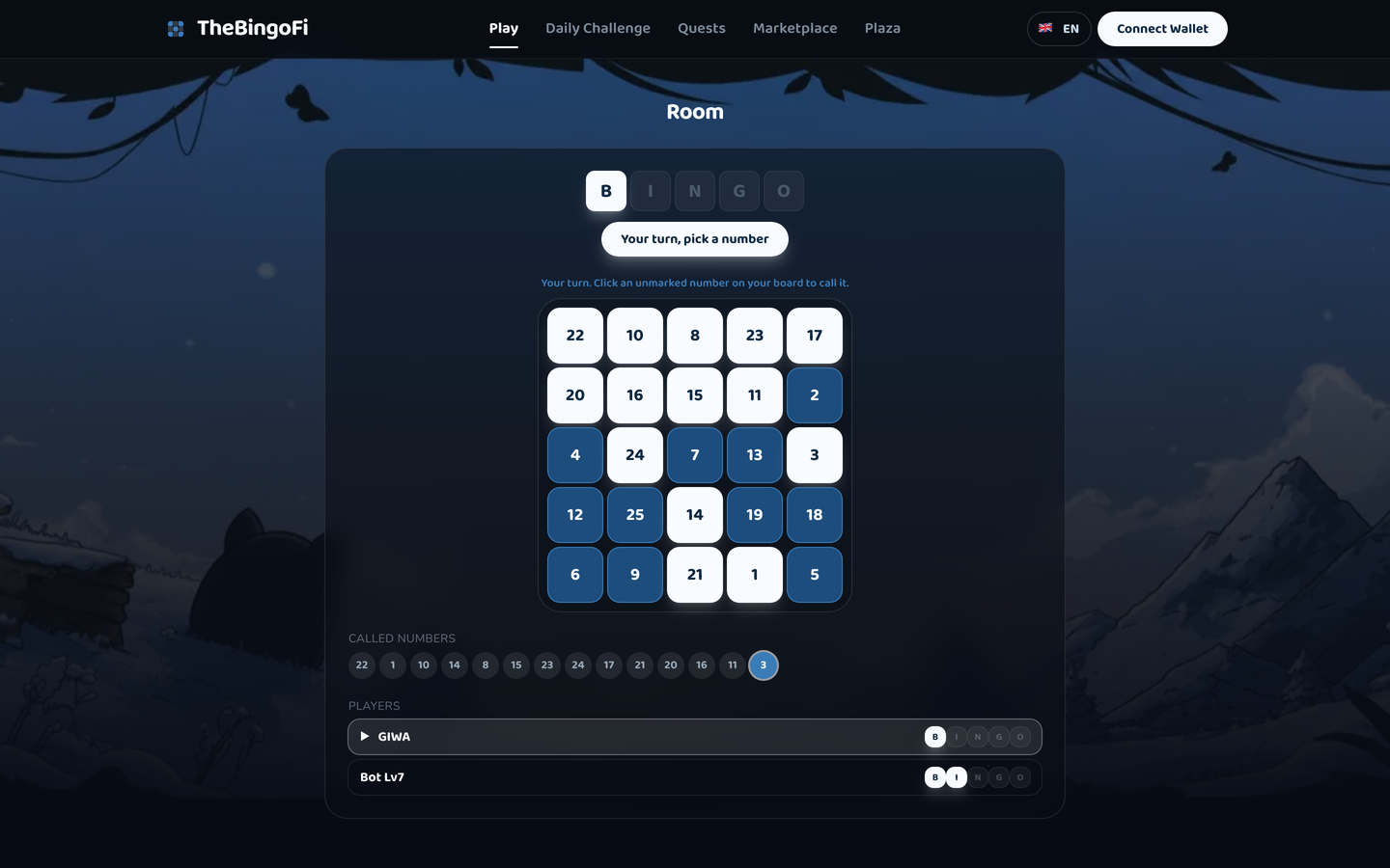 TheBingoFi match screen during turn-based calling
