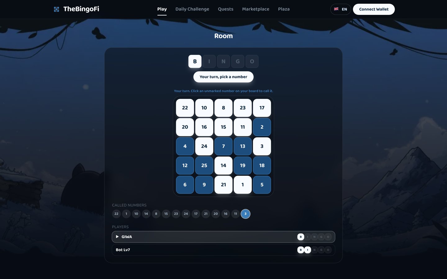 TheBingoFi match screen during turn-based calling
