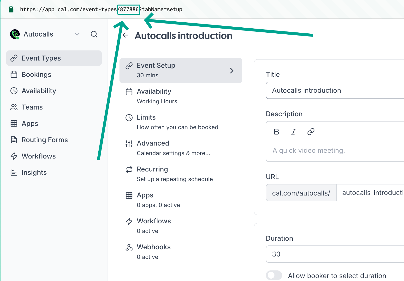 Cal.com event ID configuration