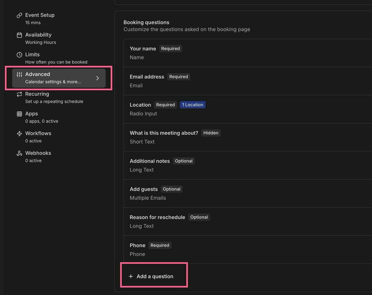 Cal.com event settings configuration