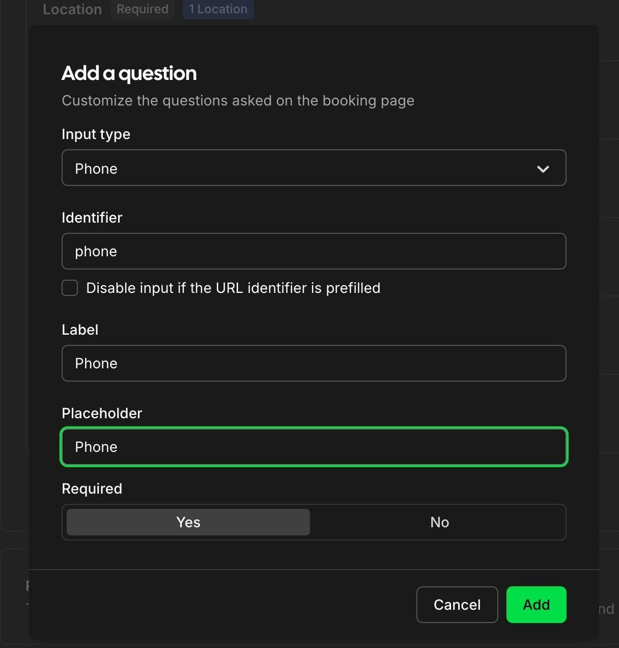 Cal.com phone field configuration