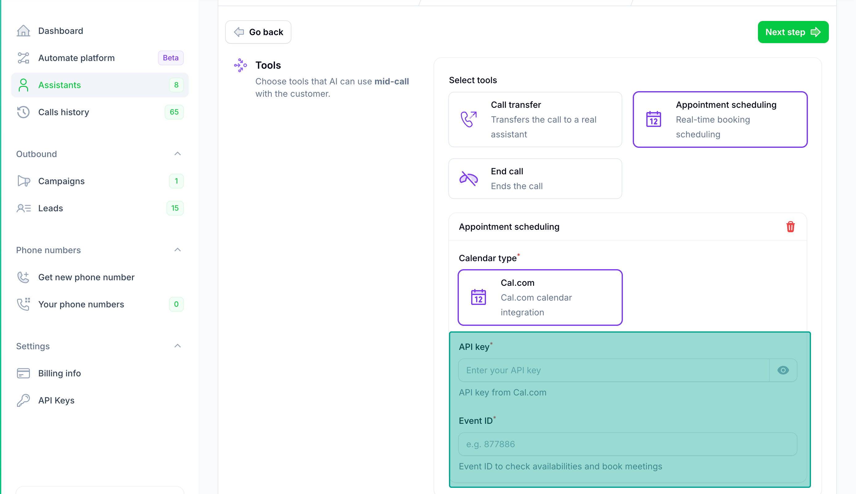 Cal.com tool configuration