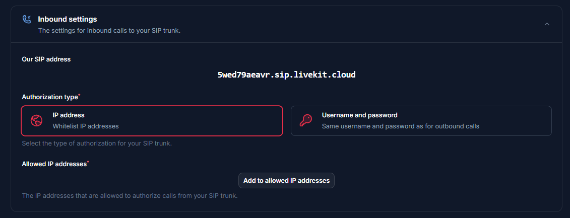 SIP integration inbound settings