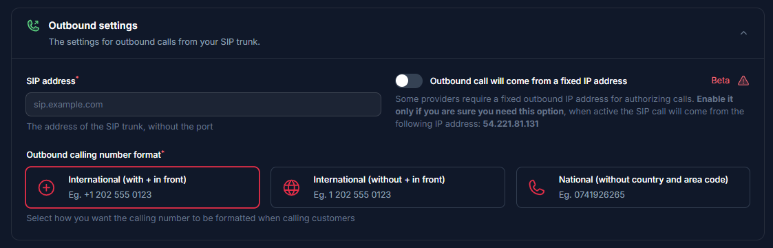 SIP integration outbound settings