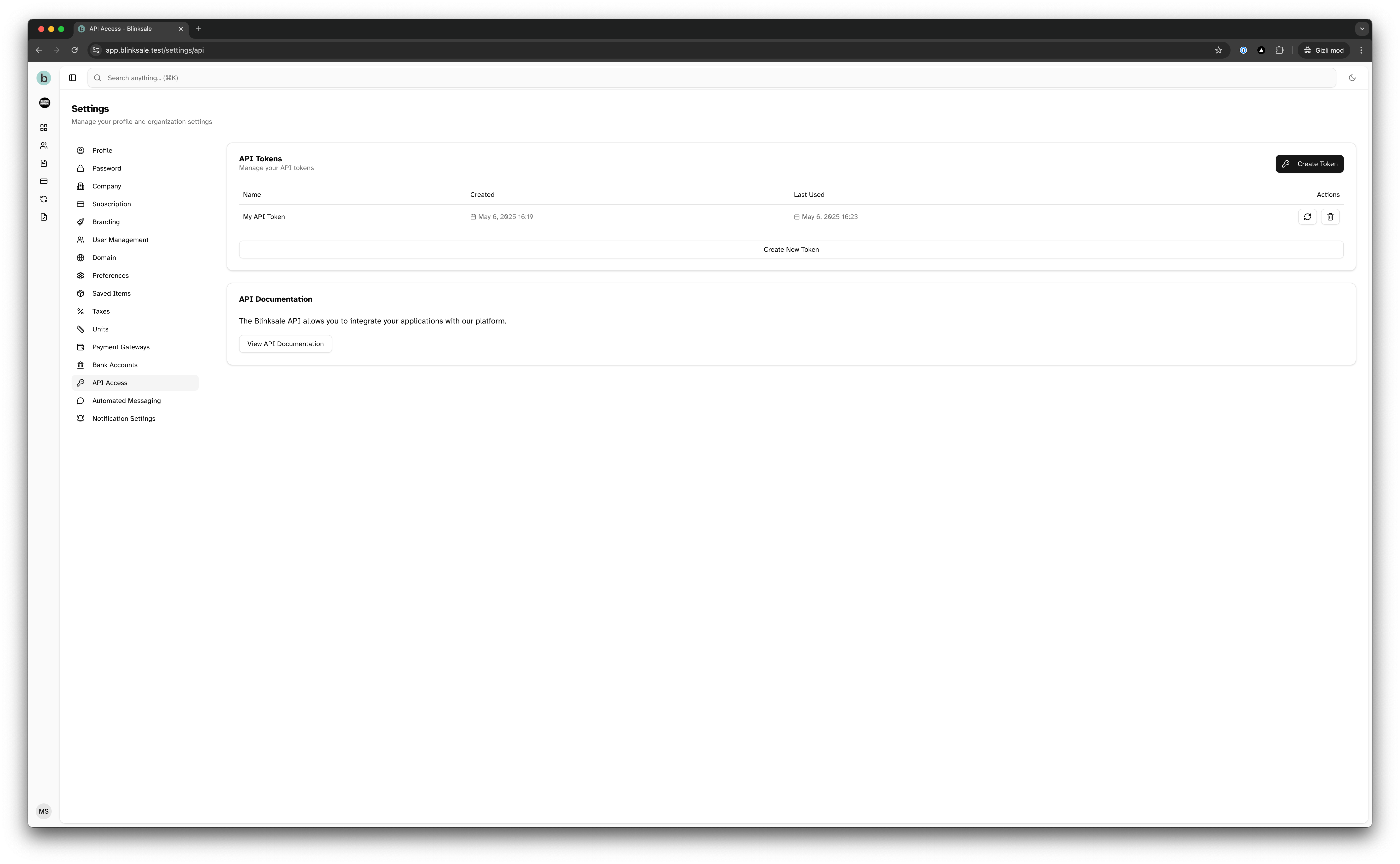 API tokens list showing all your current API tokens