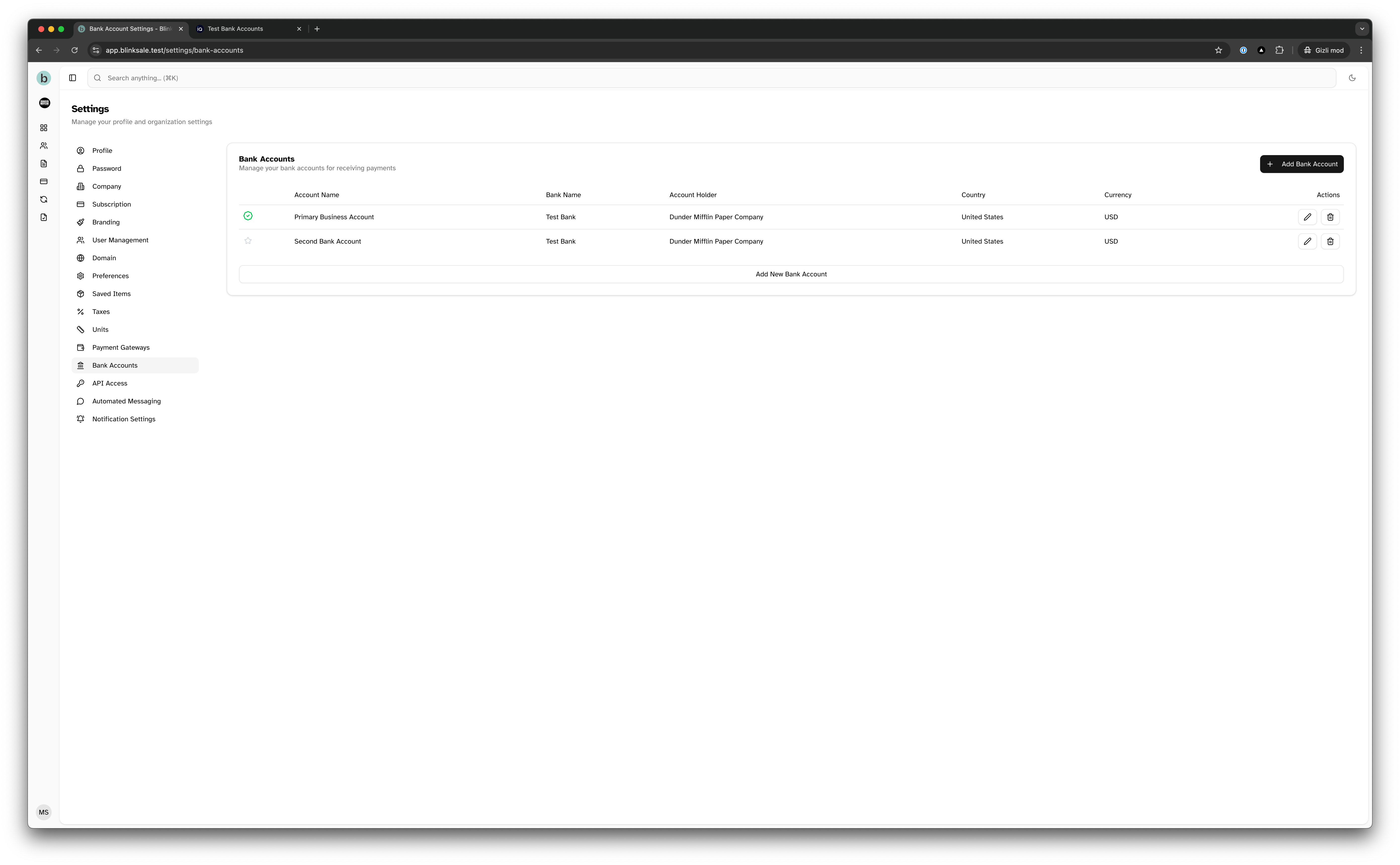 Bank accounts list showing all configured accounts
