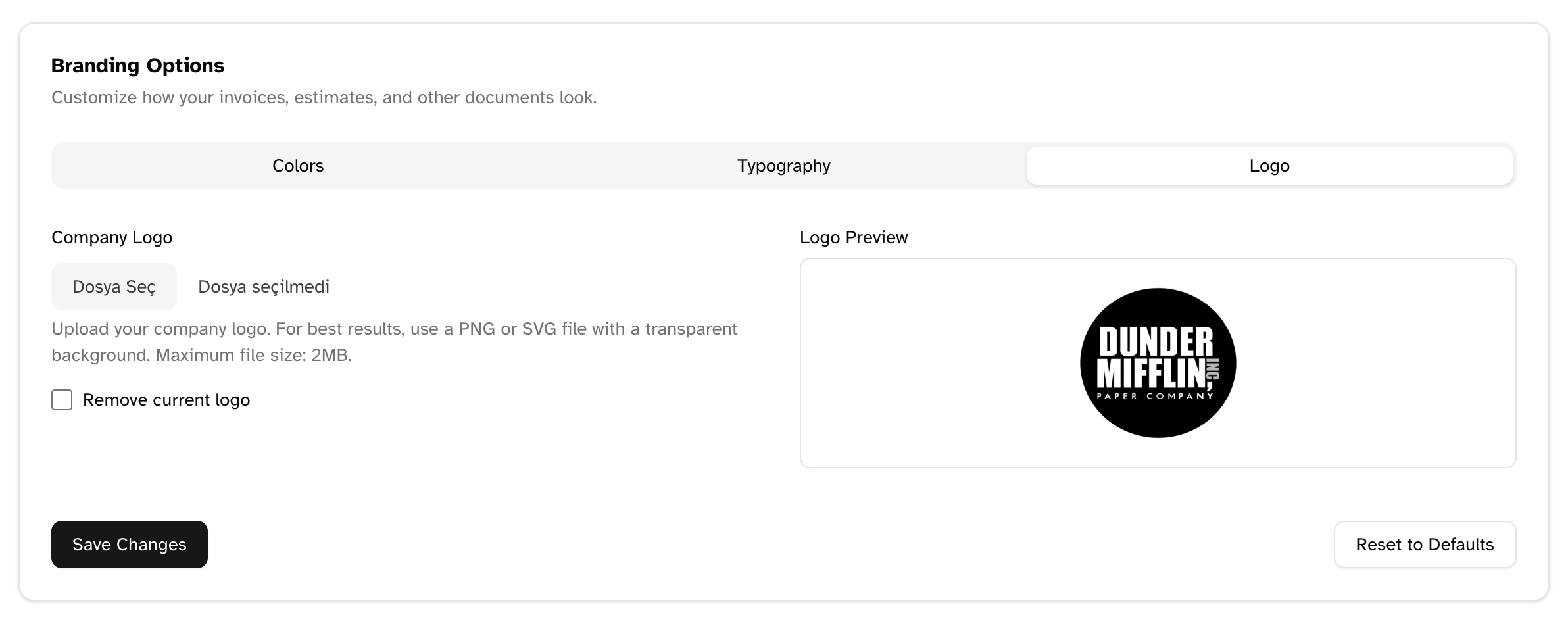 Logo upload section in branding settings