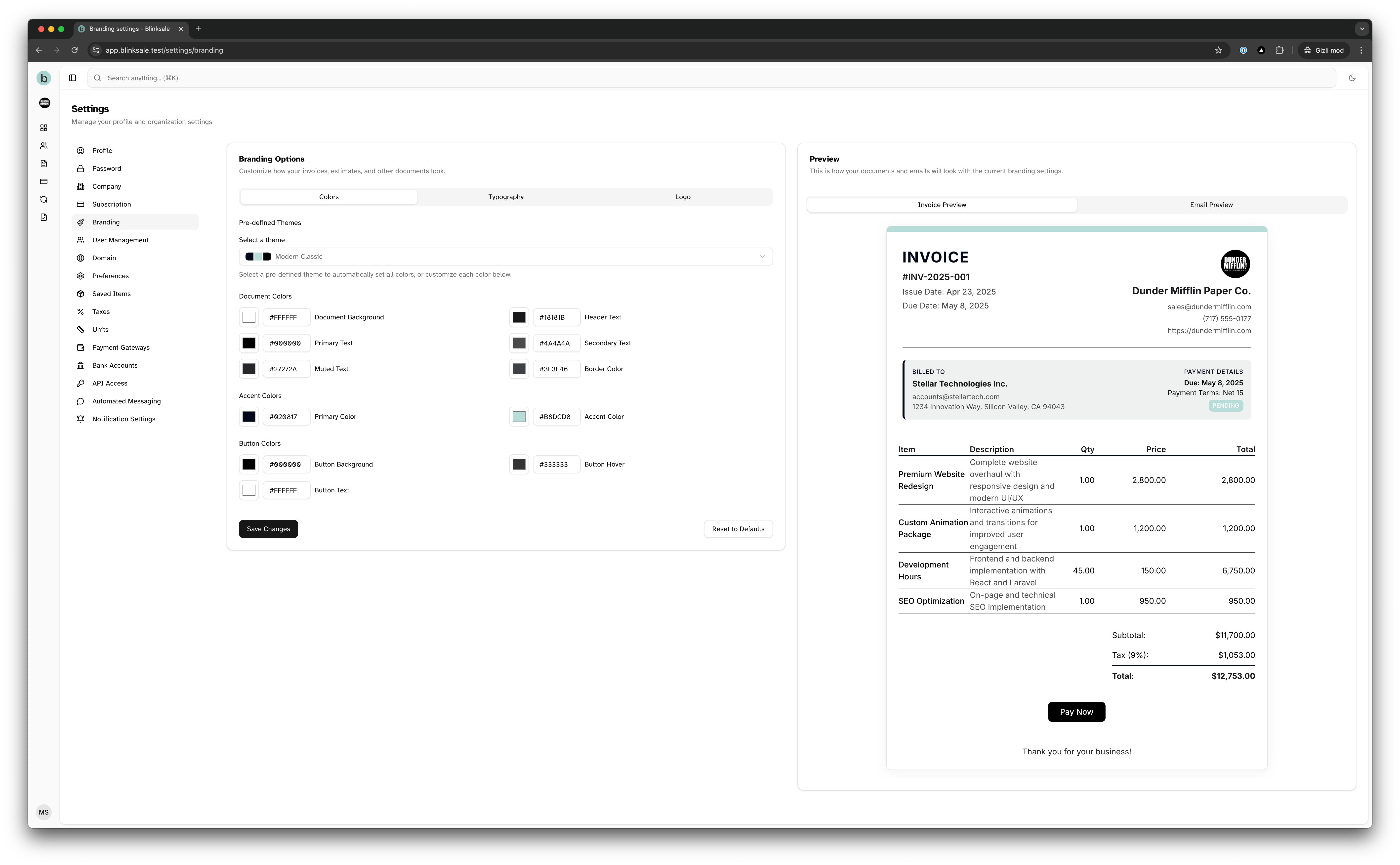 Overview of the branding settings page with settings panel and preview